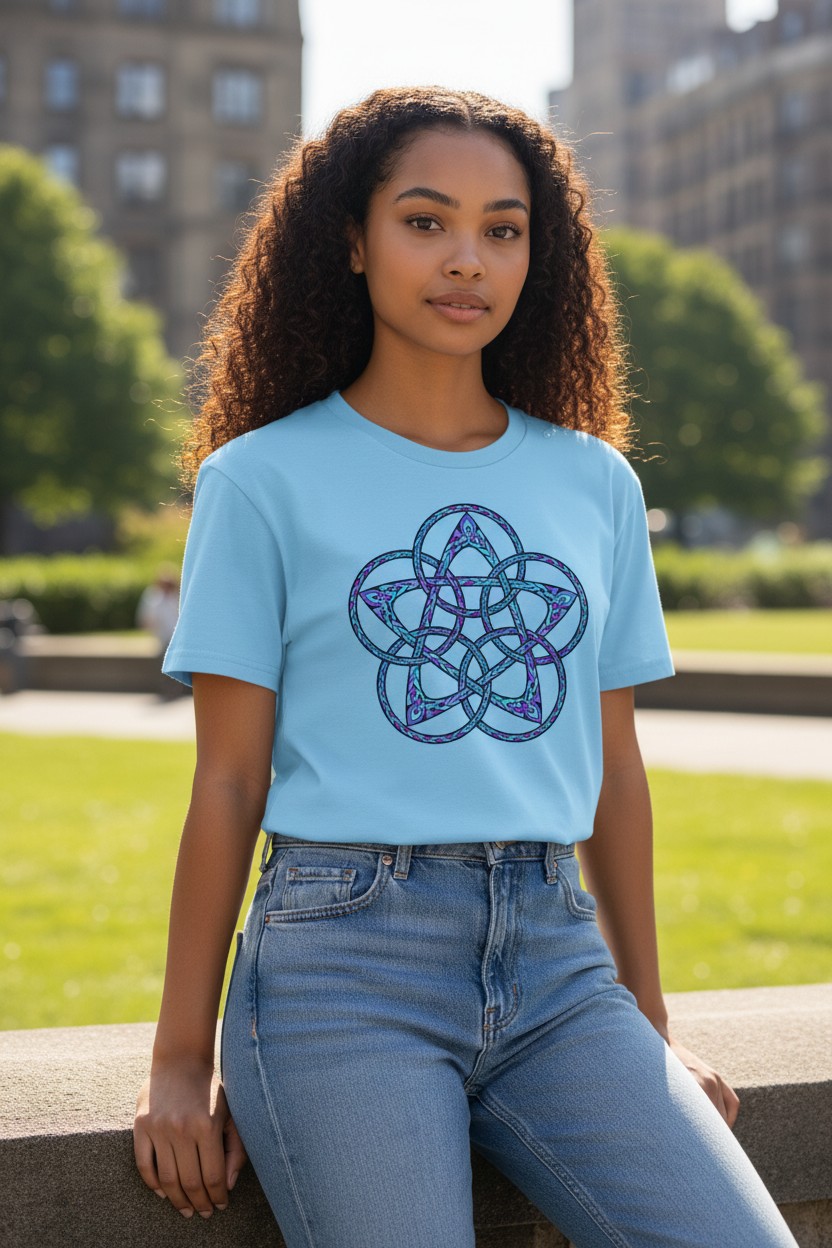 Celtic Knot Five Star Circle Blue Ladies T-shirt