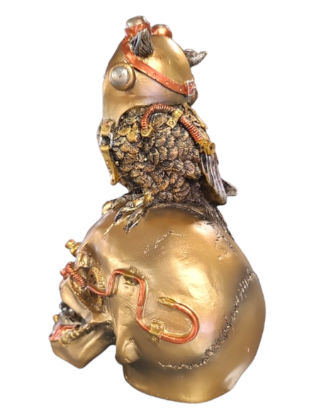 13715s-3 Steampunk Owl With Skull - Gold - 18cm