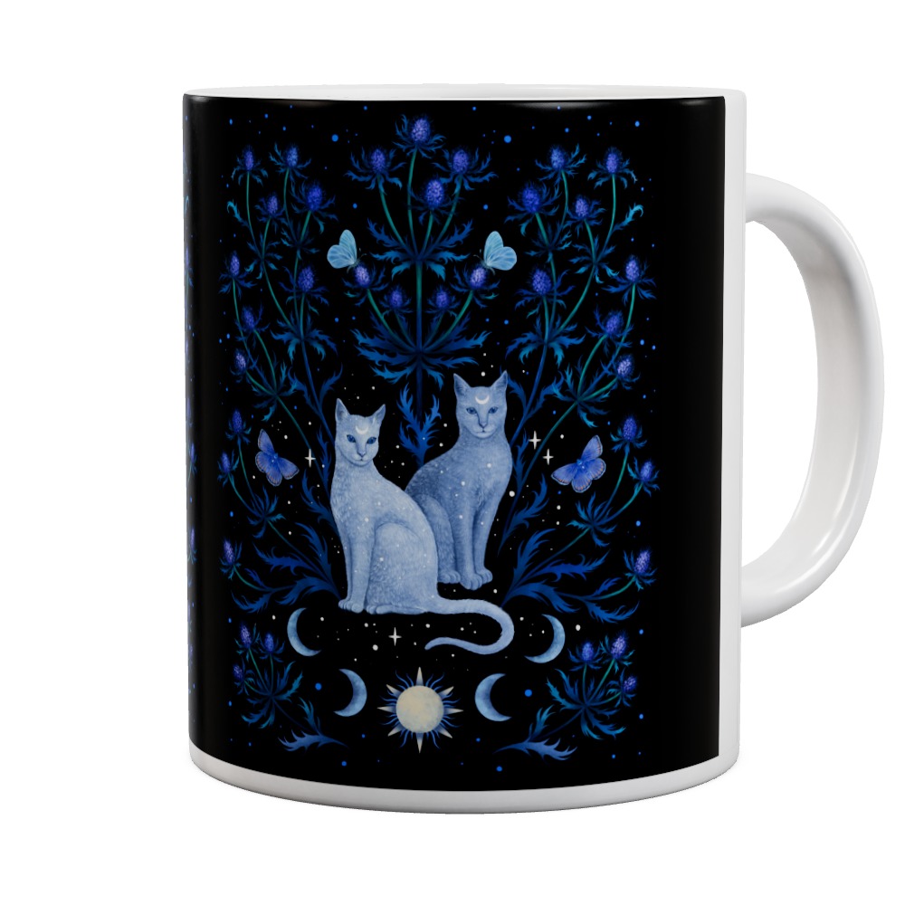 Blue Thistle And Cat Mug