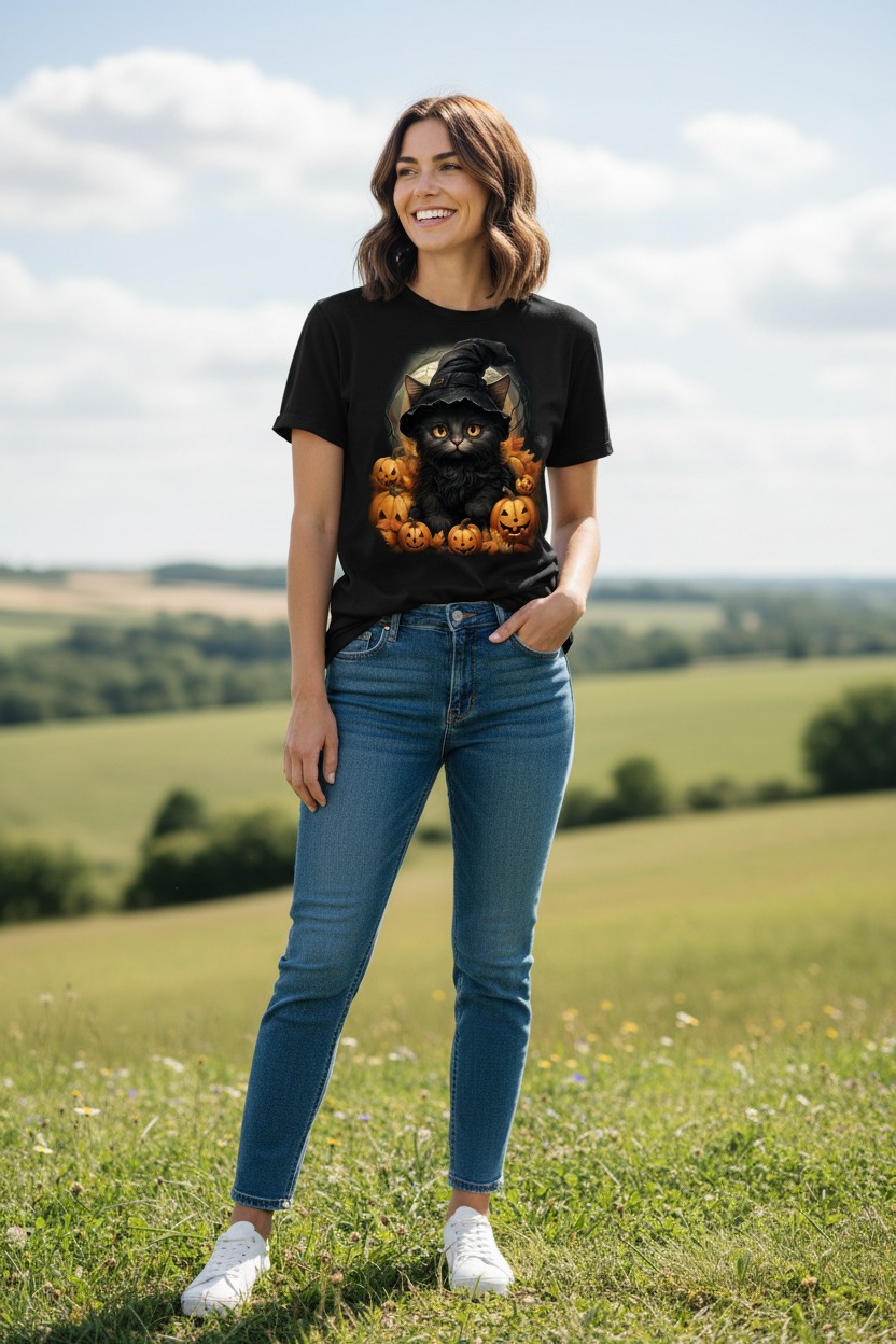 Black Cat Pumpkins Ladies T-shirt