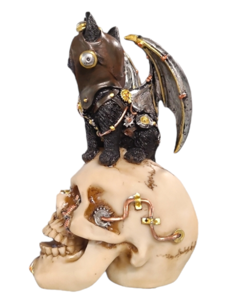 Steampunk Black Cat With Skull - 18cm