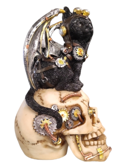 Steampunk Black Cat With Skull - 18cm
