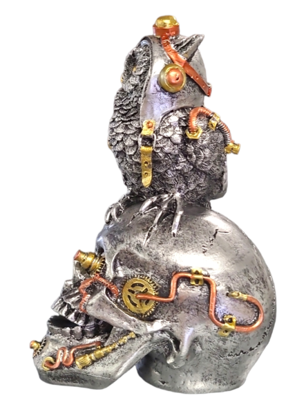 Steampunk Owl With Skull - Silver - 18cm