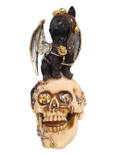 Steampunk Black Cat With Skull - 18cm