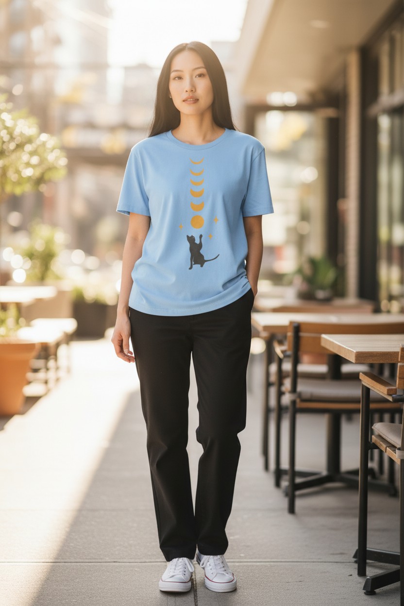 Cat And Moon Up! Ladies T-shirt
