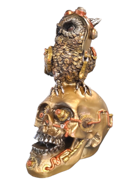 13715s-4 Steampunk Owl With Skull - Gold - 18cm