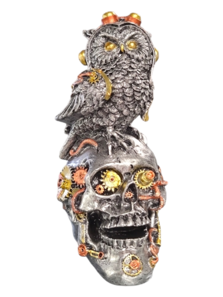 Steampunk Owl With Skull - Silver - 18cm