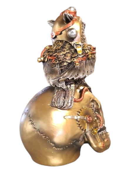 13715s-2 Steampunk Owl With Skull - Gold - 18cm